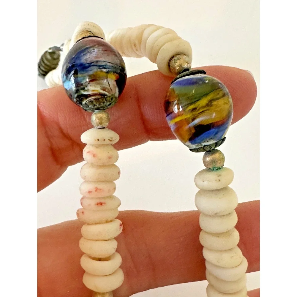 Necklace Murano Bead Swirl Multicolor‎ Off White Stones Chunky Barrel Clasp VTG
